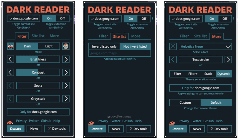 Dark Reader kiegészítő a Firefoxban