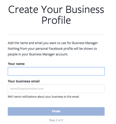 Írja be nevét és munkahelyi e-mail címét a Facebook Business Manager-fiók beállításának befejezéséhez.
