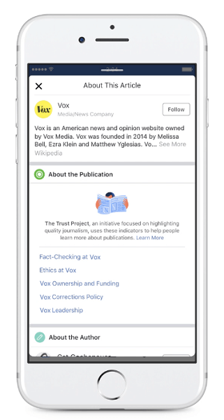A Facebook megkezdi a Hírcsatornában megosztott cikkek új kiadói megbízhatósági mutatóinak megjelenítését.